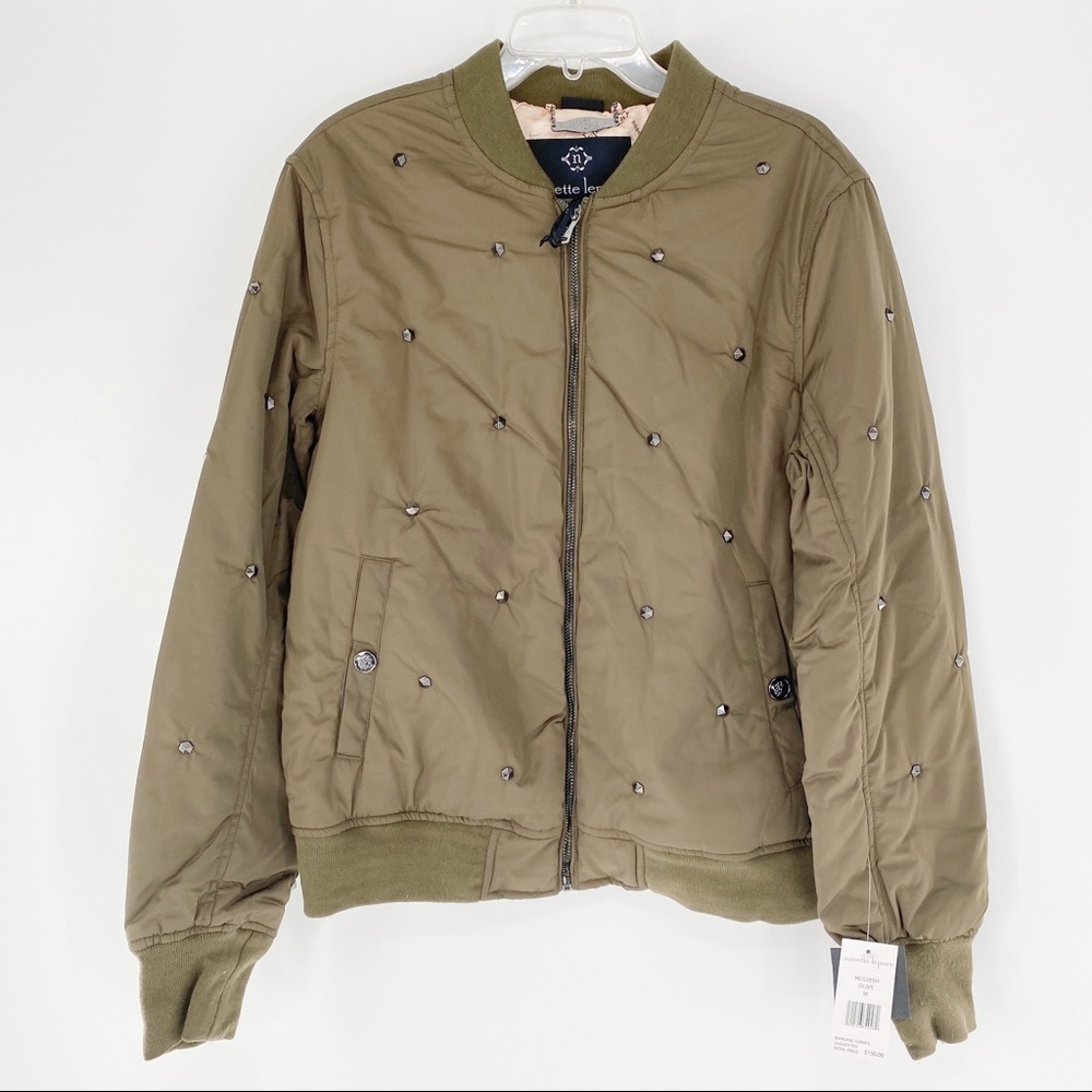 Nanette Lepore Studded Twill Olive Bomber Jacket - Picture 2 of 9
